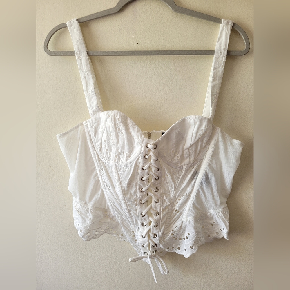 Finesse White Eyelet Crochet Embroidered Coquette Fairy Boho Corset Top Large